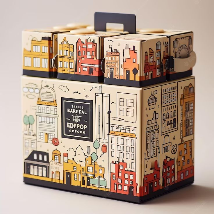 a wooden box with an image of the city and buildings painted on it's sides