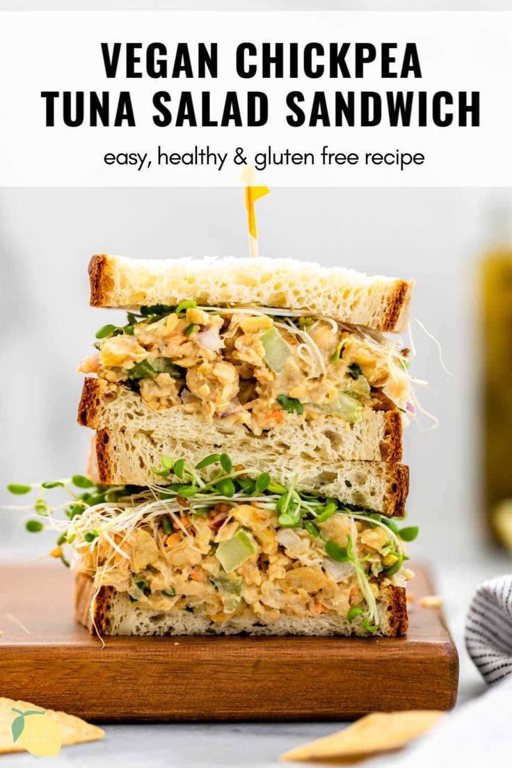 vegan chickpea tuna salad sandwich on a cutting board with text overlay