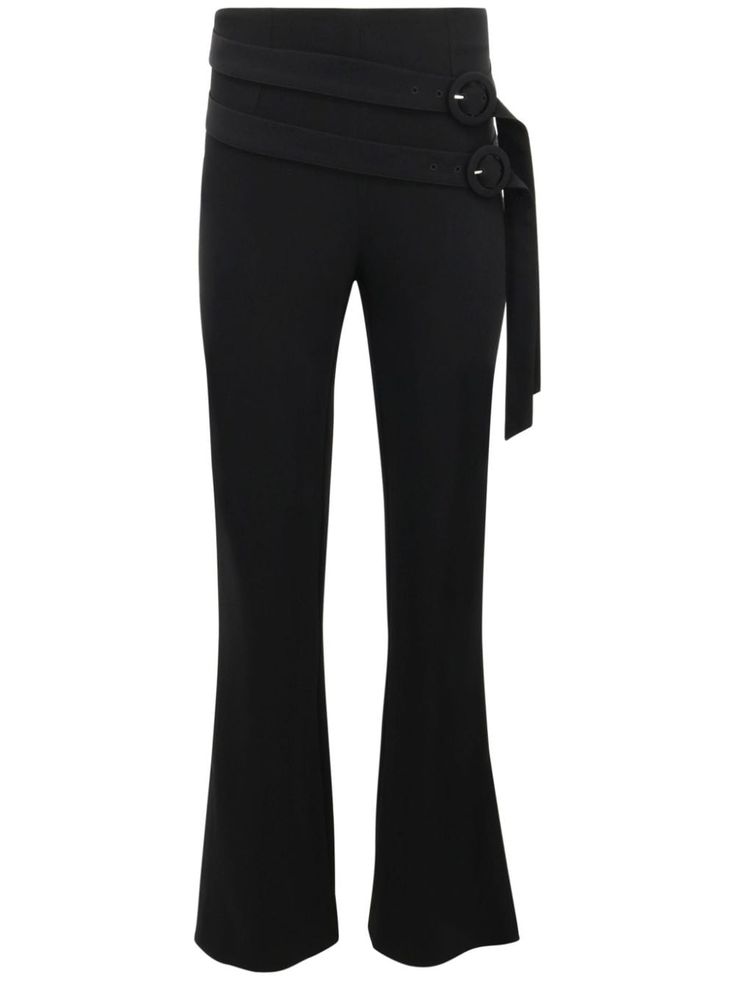 black decorative buckle detail flared mid-rise side zip fastening side slits Elegant Flare Bottoms With Belt Loops, Formal Flare Pants With Belt Loops, Elegant Wide Leg Flare Pants With Belt Loops, Elegant Flared Wide Leg Pants With Belt Loops, Chic Bottoms With Belt Detail For Party, Chic Party Bottoms With Belt Detail, Formal Flared Wide Leg Pants With Belt Loops, Fitted Belted Bottoms For Evening, Sleek Wide Leg Pants With Belt Loops For Evening