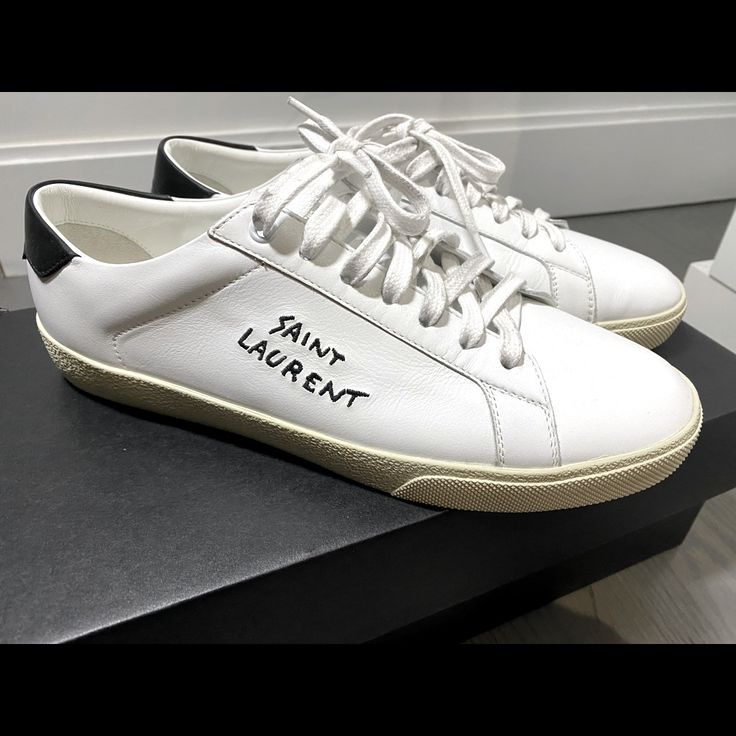 Saint Laurent Signature Low Top Sneakers Size Eu (41.5) Us (8.5) Excellent Condition! Brand New Never Worn! Comes With Box And Shoe Bag Brand New!! Offer Now. Classic Custom Sneakers With Logo On White Sole, Designer Custom Sneakers With Contrast Sole In Calf Leather, Elegant Low-top Custom Sneakers In Calf Leather, Luxury High-top Custom Sneakers With Logo, Luxury Custom Sneakers With Logo And Round Toe, Custom High-top Leather Sneakers With Embroidered Logo, Custom Leather Lace-up Sneakers With Embroidered Logo, Designer Sneakers With Embroidered Logo And White Sole, Custom Leather Low-top Sneakers With Embroidered Logo