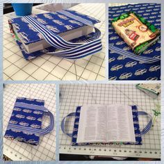 several pictures of different items that are being made with fabric and paper, including an open book