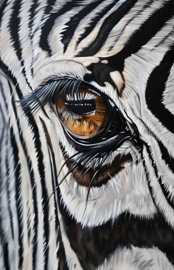 the eye of a zebra with black and white stripes