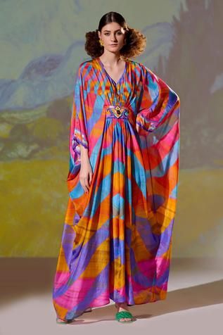 Shop for Rajdeep Ranawat Multi Color Imama Silk Printed Kaftan for Women Online at Aza Fashions Rajdeep Ranawat, Silk Dress Design, Beaded Sleeves, Placement Embroidery, Kimono Kaftan, White Kaftan, Kaftan Tunic, Kaftan For Women, Printed Kaftan