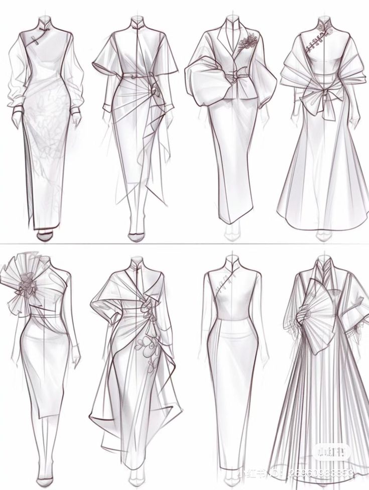 sketches of dresses and capes from the back to the front, in various angles