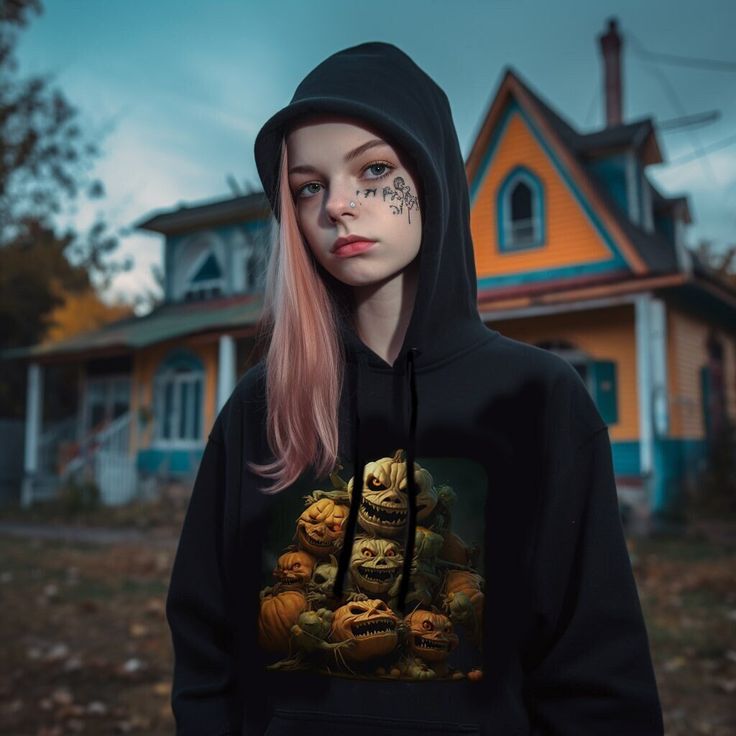 The black Halloween hoodie features a striking and eerie design on the front. Dominating the center of the hoodie is a chilling image of a pile of scary, evil killer pumpkins. These pumpkins are depicted in a menacing and malevolent manner, evoking a sense of horror and dread. The pumpkins are intricately detailed, with twisted and contorted features that convey their sinister nature. T heir grinning, jagged-toothed mouths exude a sense of wickedness, while their hollow, malevolent eyes seem to stare directly into your soul. Each pumpkin is uniquely carved, displaying wickedly sharp teeth, sharp-edged eyes, and jagged, menacing expressions. The pumpkins are arranged in a chaotic pile, seemingly defying gravity, as if they have come alive and assembled themselves. Their twisted, gnarled vin Ghost Gifts, Hoodie Hat, Defying Gravity, Sharp Teeth, Halloween Hoodie, Black Halloween, Pumpkin Halloween, Halloween Season, Holiday Fashion