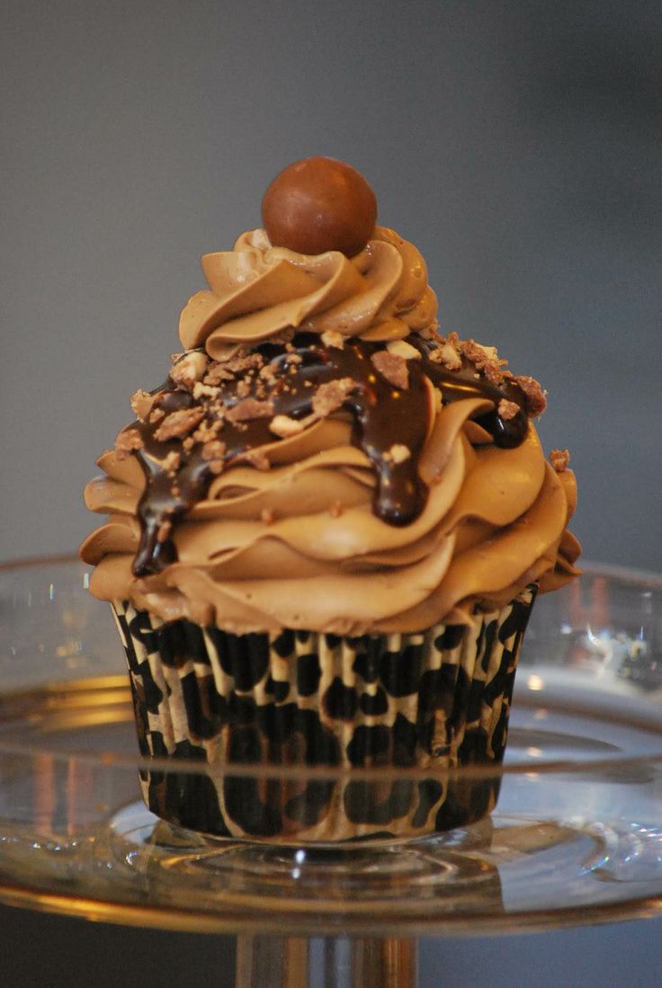 a cupcake with chocolate frosting and nuts on top sitting on a glass plate