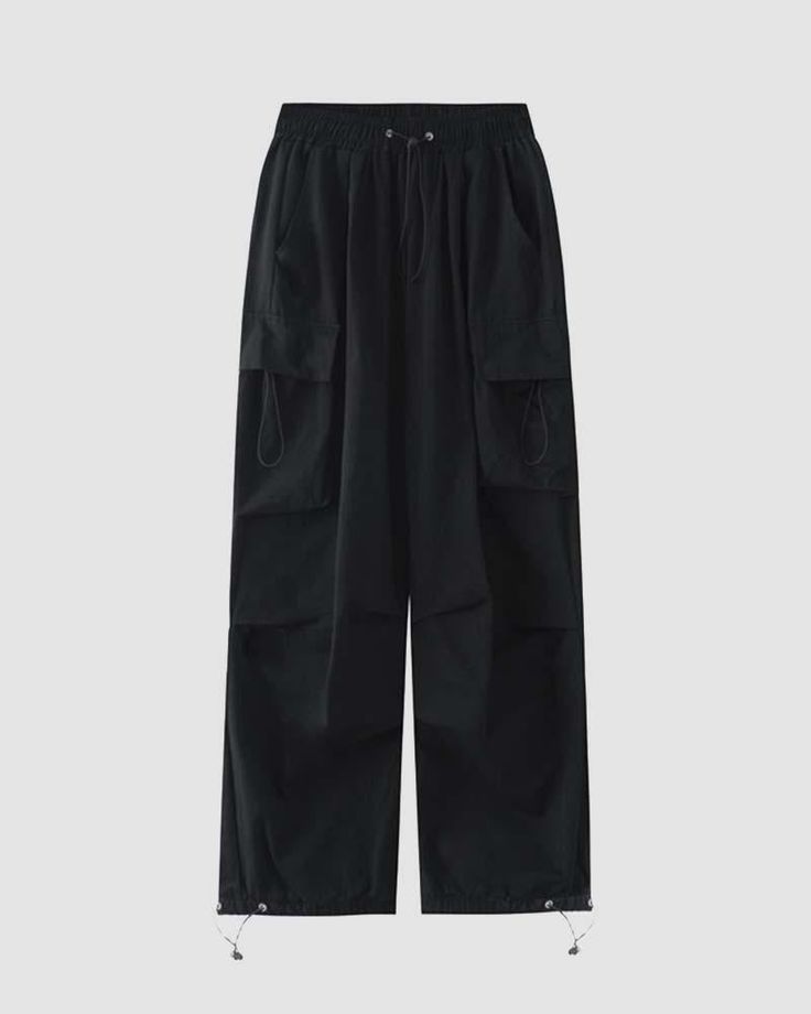 Details: Long cargo pants with drawstring designBottom Length: LongMaterials:95% Polyester + 5% Spandex Techwear Wide Leg Bottoms With Cargo Pockets, Techwear Parachute Pants With Cargo Style, Techwear Wide-leg Bottoms With Cargo Pockets, Techwear Parachute Cargo Pants, Baggy Solid Cargo Pants Techwear, Solid Color Baggy Cargo Pants In Techwear Style, Streetwear Wide Leg Cargo Jeans With Drawstring, Techwear Cotton Pants With Drawstring, Wide Leg Cargo Jeans With Drawstring For Streetwear