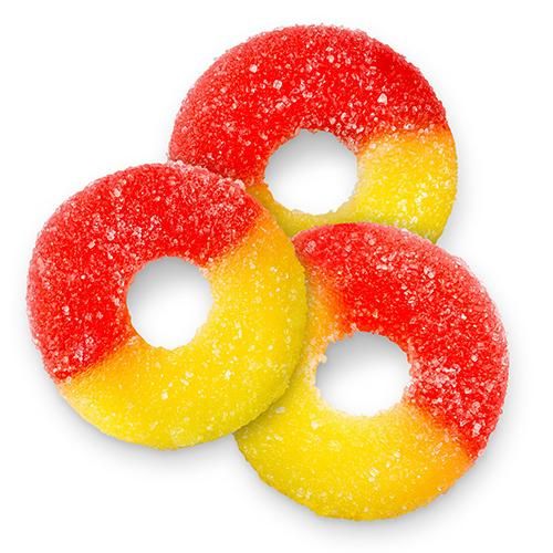 two yellow and red donuts with sugar on them