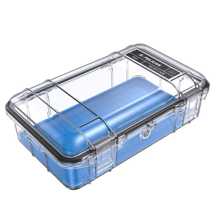 a clear plastic case with blue foam in the bottom and inside, on a white background