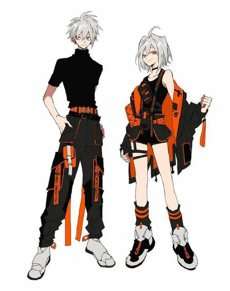 two anime characters standing next to each other wearing black and orange outfits, one with white hair