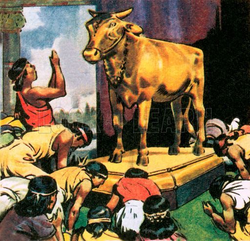 an image of a man standing in front of a cow statue with people around it