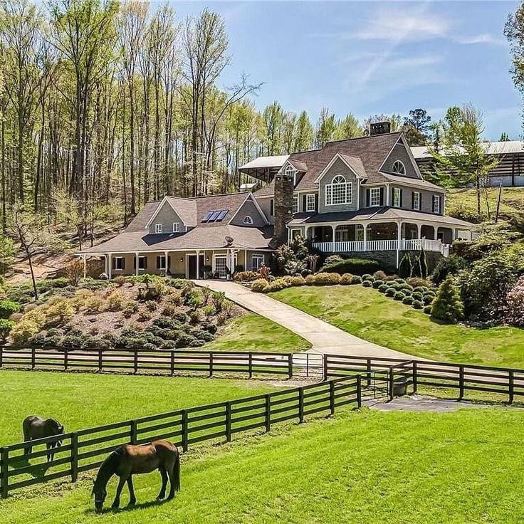 two horses graze in front of a large house on a hill with lots of trees