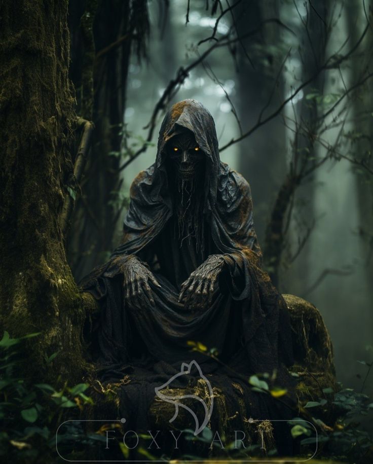 a creepy looking statue sitting in the middle of a forest