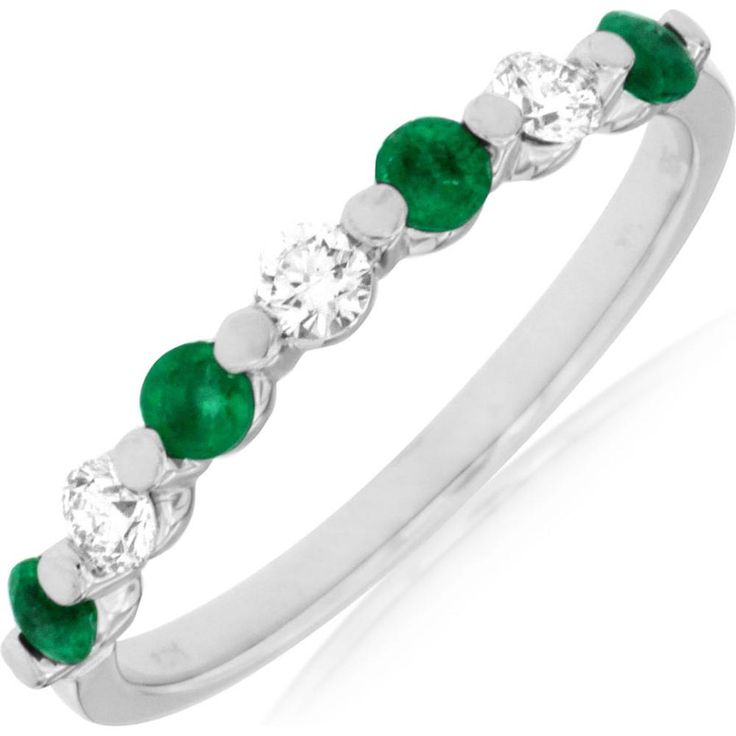 Royal 14K White Gold Emerald & Diamond Ring - Exquisite Elegance Green Diamond Half Eternity Ring, Green Diamond Ring With Round Band, Green Diamond Half Eternity Round Cut Ring, Timeless Green Diamond Round Ring, Elegant Green Emerald Ring With Round Band, Green Emerald Ring Half Eternity Round Cut, Green Emerald Half Eternity Ring Round Cut, Emerald Ring With Diamond Accents, Green Diamond Cluster Ring