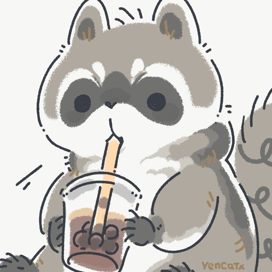 a raccoon holding a cup with a straw in it