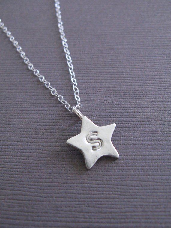 Recycled Silver Star Initial Charm Necklace Everyday Personalized Star-shaped Jewelry, Personalized Sterling Silver Star Charm Necklace, Silver Star Charm Necklaces For Anniversary, Silver Star Charm Necklace For Anniversary, Personalized Sterling Silver Star Necklace, Personalized Star-shaped Sterling Silver Necklace, Personalized Star-shaped Sterling Silver Jewelry, Silver Star Shaped Charm Necklace, Silver Star Charm Necklace For Gift