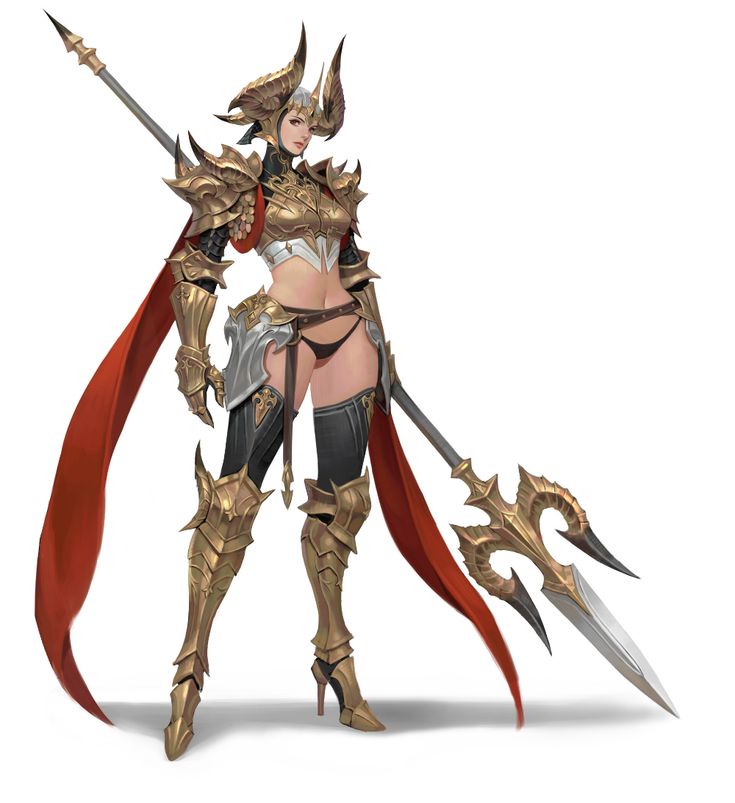 a woman in armor holding two swords and wearing red capes, standing on a white background