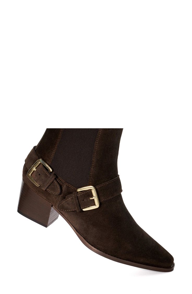 A double-buckle design and sharp pointed toe modernize the classic Chelsea boot. 1 3/4" heel 5 3/4" shaft Pull-on style with elastic gore insets Leather and textile upper/textile and synthetic lining/synthetic sole Imported Fitted Ankle Boots With Buckle Closure, Formal Boots With Leather Trim For Fall, Formal Fall Boots With Leather Trim, Formal Leather Trim Boots For Fall, Formal Chelsea Ankle Boots With Buckle, Formal Chelsea Ankle Boots With Buckle Closure, Formal Chelsea Boots With Buckle Closure, Classic High Heel Boots With Buckle Closure, Classic Fitted Boots With Buckle Closure