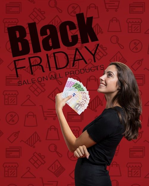 a woman holding up some money in front of a black friday sign with icons on it