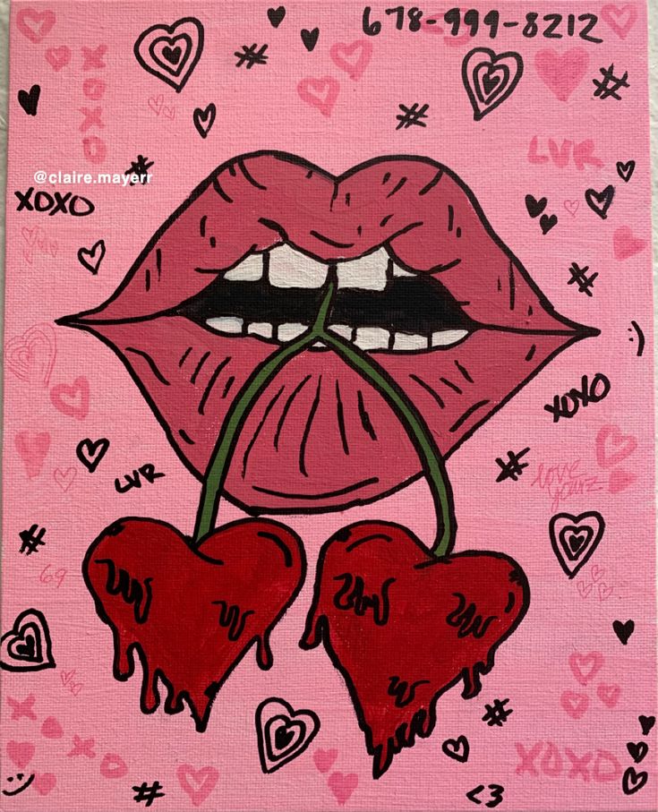 a painting of a woman's lips with hearts on the bottom and tongue sticking out