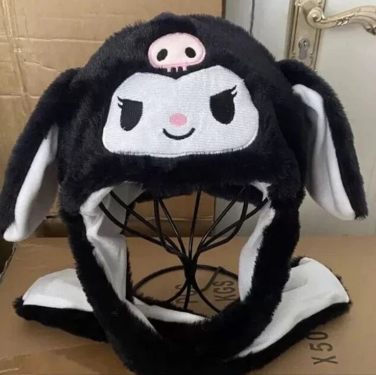 Kuromi Hat With Long Ears Black Cap For School, Cute Black Cap Hat, Adjustable Black Harajuku Style Hat, Black Adjustable Harajuku Hat, Black Adjustable Harajuku Style Hat, Adjustable Black Hat With Ears, Fun Black Warm Hats, Cute Black Cap, Cute Adjustable Black Hat