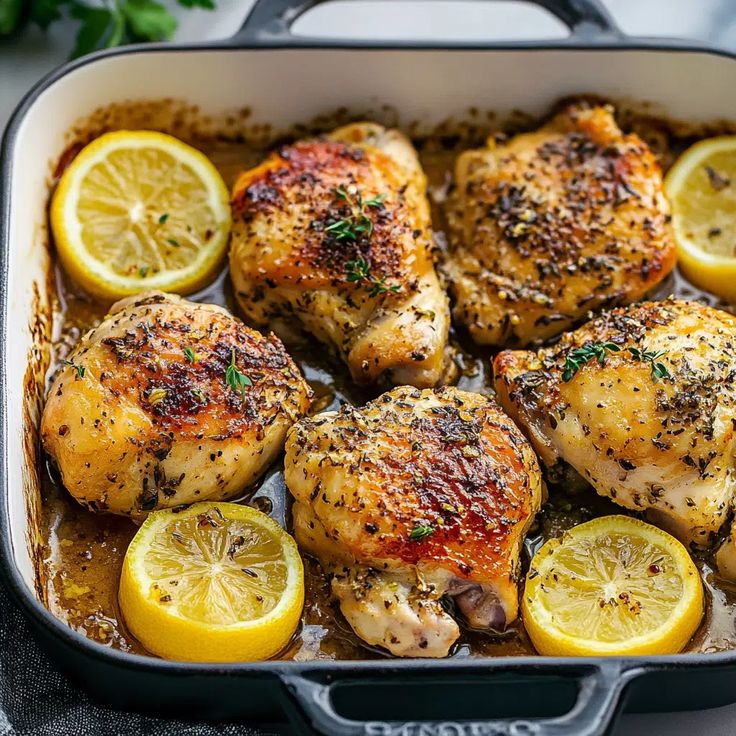 chicken with lemons and herbs in a pan