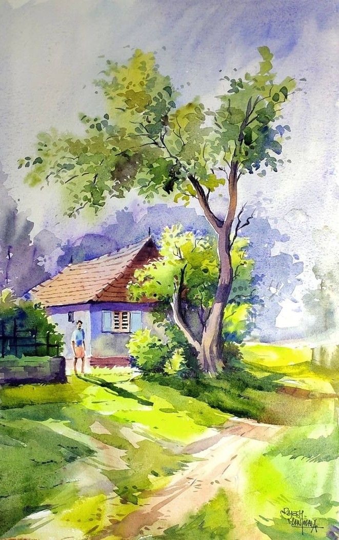 a watercolor painting of a man standing in front of a house with a tree