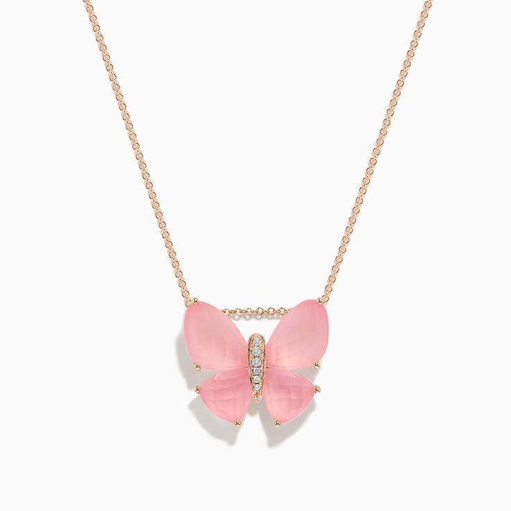 Effy Nature 14K Rose Gold Rose Quartz and Diamond Butterfly Pendant Elegant Rose Gold Butterfly Necklace Gift, Delicate Rose Gold Necklace With Butterfly Charm, Rose Gold Diamond Jewelry With Butterfly Charm, Rose Gold Butterfly Pendant Necklace, Delicate Rose Gold Butterfly Charm Necklace, Rose Stone, Diamond Butterfly, Rose Gold Quartz, Jewelry Lookbook