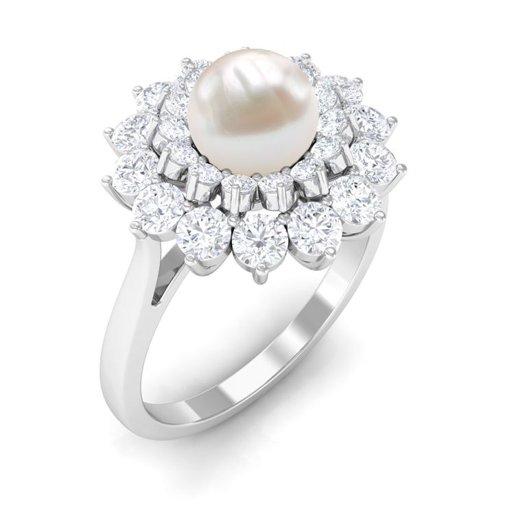 Product Details Indulge in luxury and sophistication with our exquisite Engagement Ring, featuring a lustrous Round Cut Freshwater Pearl at its center, adorned with a stunning Double Halo of sparkling moissanite stones. This Floral Inspired Ring is crafted in Gold, is a magnificent addition to any jewelry collection, and will undoubtedly elevate the elegance of any outfit. Ladies, treat yourself to this elegant and regal accessory. Product Information SKU SHP-RINGS032210354 Width 14.4 mm Height 8.8 mm Weight 3.12 gm (Approximate) FRESHWATER PEARL INFORMATION No.of Stones 1 Pieces Total Weight 2.24 Carat (Approximate) Dimension(approx) Round-6X6 mm-1 Pcs Color White Cut Brilliant Shape Round Setting Type Accent Quality Grade AAA MOISSANITE INFORMATION No.of Stones 28 Pieces Total Weight 1.7 Pearl Engagement Ring, Double Halo, 18k Yellow Gold Ring, Yellow Gold Rings, Round Cut, Fresh Water, Freshwater Pearls, Halo, Jewelry Collection