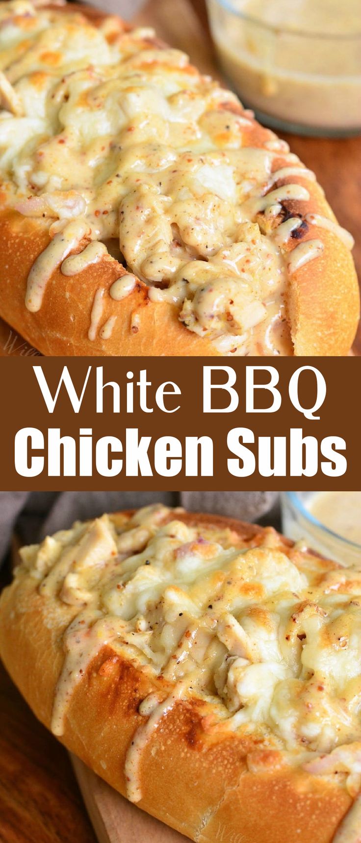 white bbq chicken subs with cheese on top