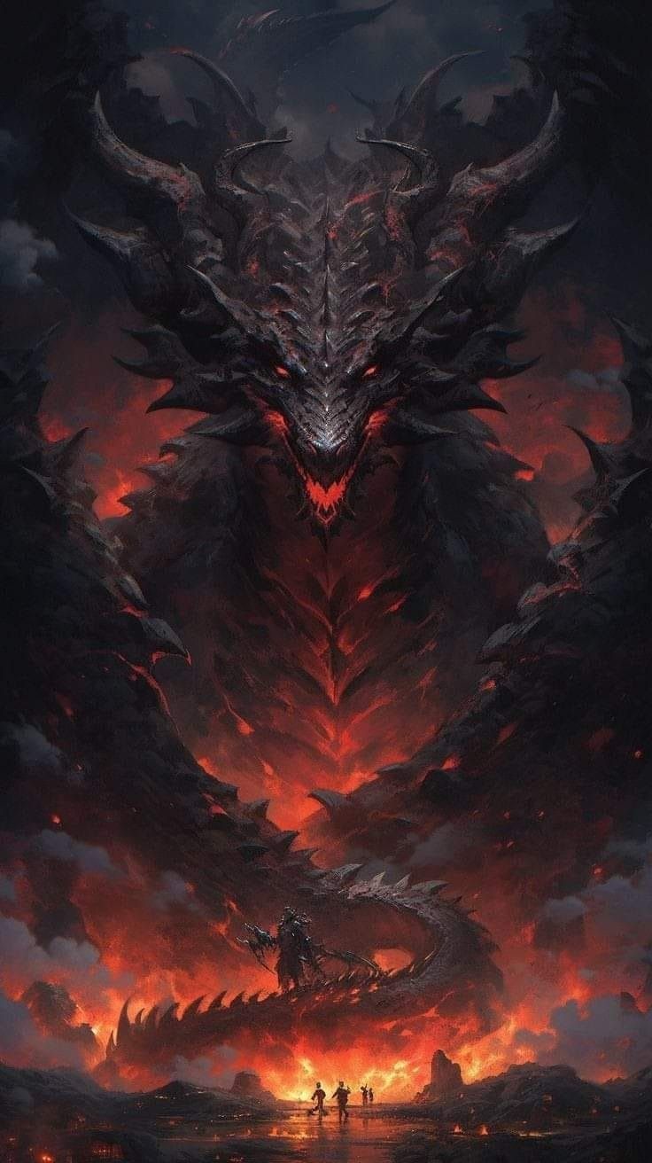 an image of a dragon in the middle of a fire filled sky with people standing on it