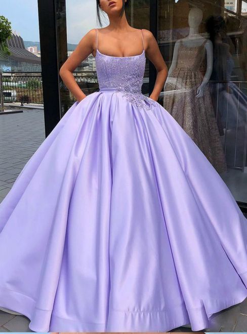 Purple Ball Gown Spaghetti Straps Satin by PrettyLady on Zibbet Big Prom Dresses Ball Gowns Blue, Prom Dresses Ball Gown Elegant, Highschool Prom, Purple Ball Gown, Robes D'occasion, Formal Ball Gown, Prom Dresses With Pockets, Look Formal, Floor Length Prom Dresses