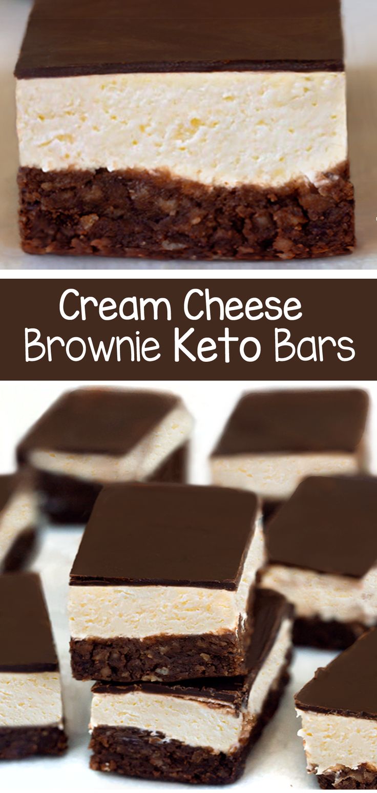 chocolate and cream cheese brownie keto bars are stacked on top of each other