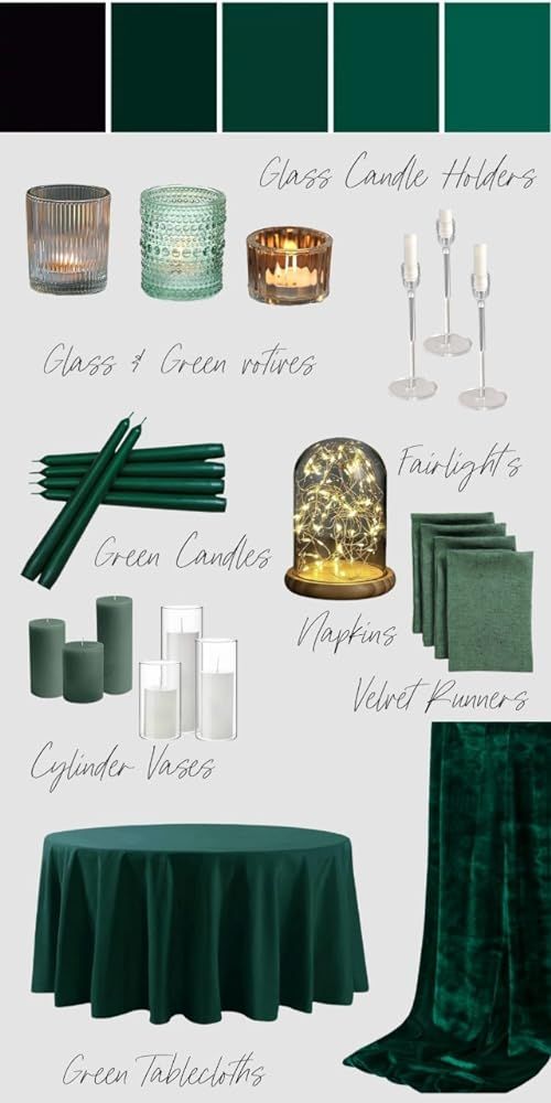 green and white color scheme with candles, napkins, candle holders and other items