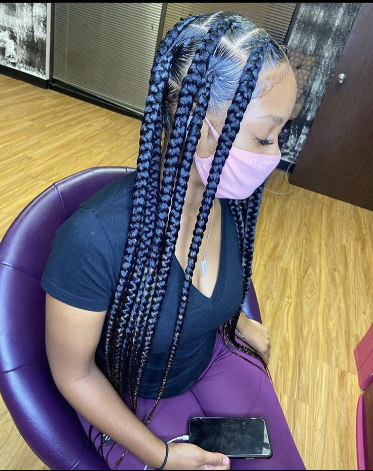 Hairstyles To Do With Jumbo Knotless Braids, Med Jumbo Knotless Braids, Jumbo Knot Less Braids, Xl Knotless Braids, Jumbo Knotless Box Braids Parts, Blue Jumbo Knotless Braids, Jumbo Knotless, Feed In Braids Hairstyles, Feed In Braid