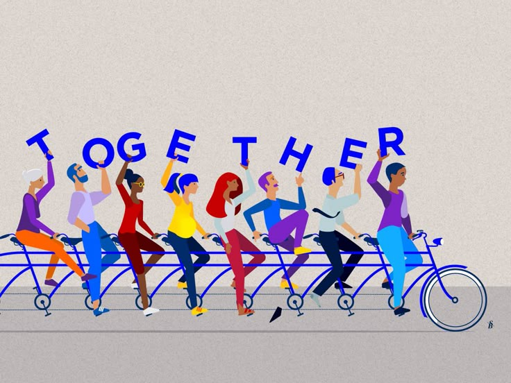 a group of people riding bikes with the words together