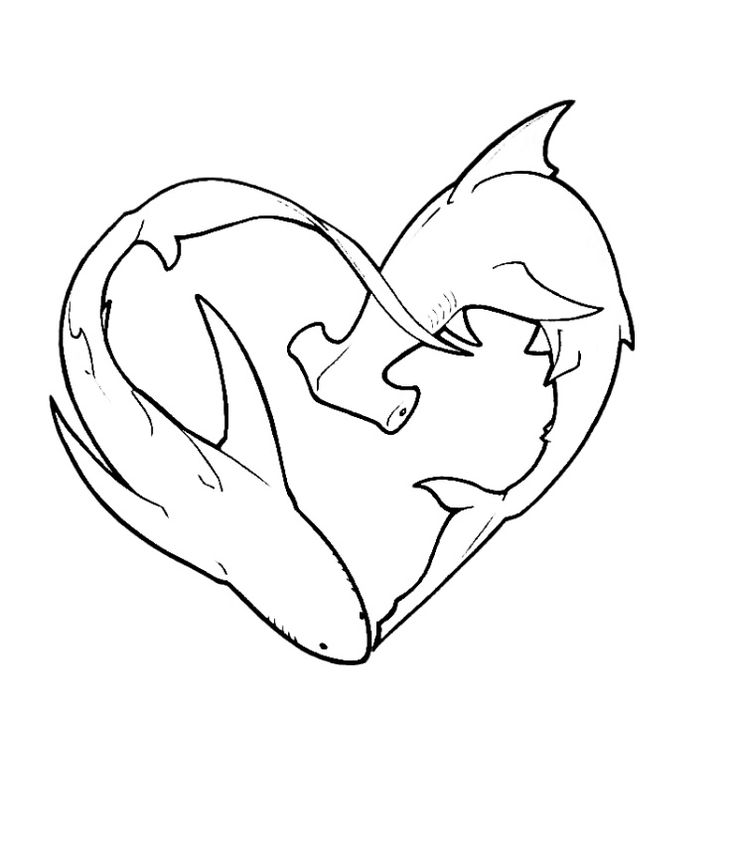 a black and white drawing of a heart with two dolphins in it's center