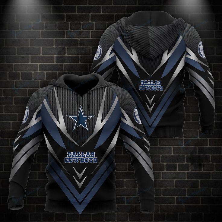 a black and blue hoodie with the cowboys on it in front of a brick wall