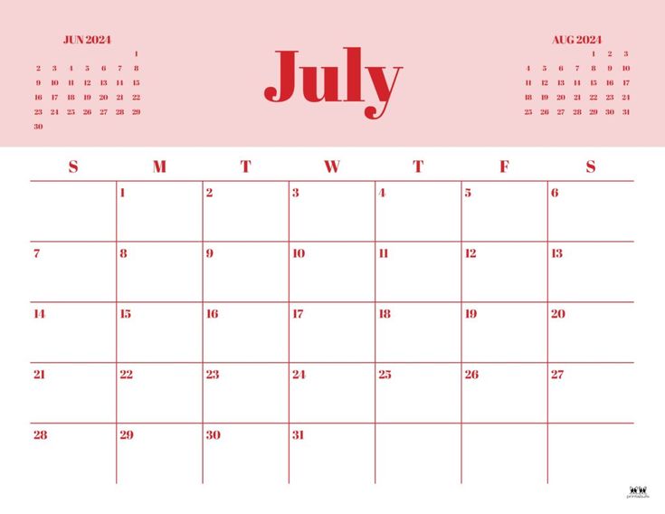 a calendar with the word july on it