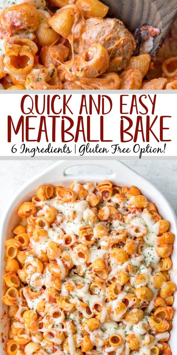 a casserole dish with meat and pasta in it, the title says quick and easy meatball bake 6 ingredients gluen free option