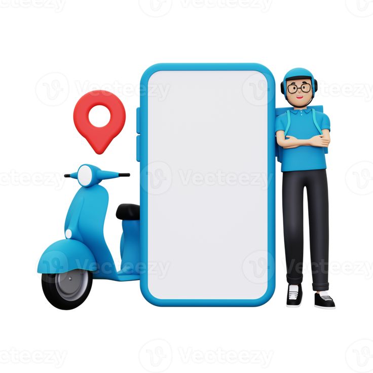 a man standing next to a blue scooter with a sign