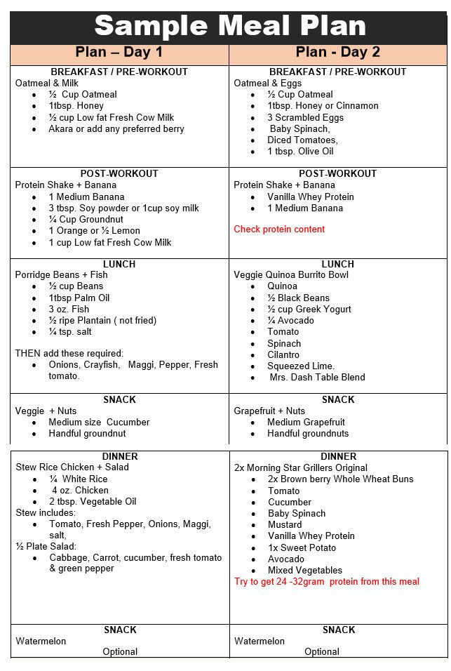 sample meal plan with instructions to make it easier for the family to eat and drink