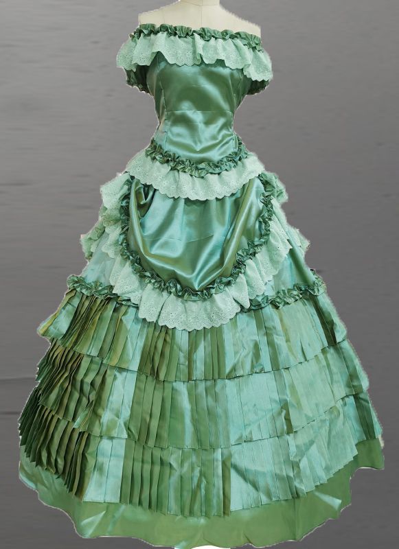 Victorian Katherine Pierce 1864 Dress Gown Condition: Brand New  Color:Green  Material: This Dress is Handmade of high quality Taffeta Fabric and Lace, soft and comfortable to wear  Sleeve Length: Short Sleeve  Dresses Length:Floor-Length  Neckline: amp;nbsp; Off Shoulder Neck  Decoration: Ruffles + Lace  Package Includes: One Dress    The length of skirt about 45 inches (114 cm) long from waist to hem regardless of size. This dress is pictured with a 6-hoop skirt Petticoat underneath to achieve Satin Victorian Ball Gown For Costume Party, Satin Victorian Ball Gown With Ruffles, Satin Victorian Dress With Ruffles In Ball Gown Shape, Vintage Ruffled Ball Gown For Costume Party, Victorian Ball Gown With Attached Cancan For Costume Party, Victorian Fitted Ball Gown Costume, Victorian Style Fitted Ball Gown Costume, Vintage Satin Victorian Ball Gown Dress, Vintage Satin Victorian Ball Gown