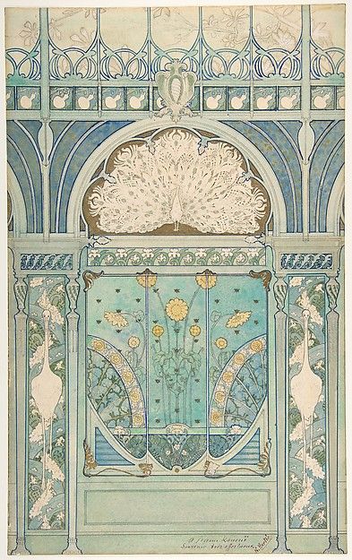 an art print of a blue and gold door with a peacock on it's side