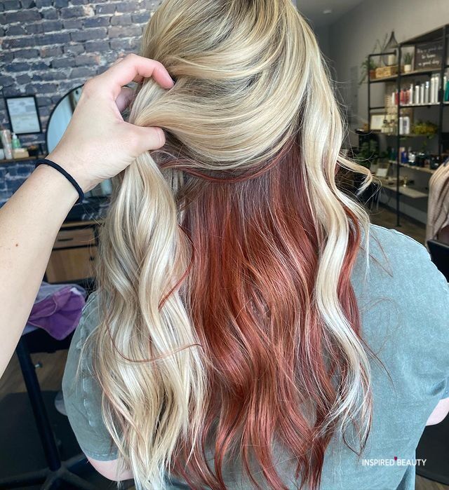 Blonde And Merlot Hair, Dual Color Hair Ideas, Dual Hair Color Ideas, Shadow Box Hair Color Ideas, Red Peekaboo Hair Blonde, Blonde With Copper Peekaboo, Blonde And Maroon Hair, Two Tone Hair Color Ideas For Blondes, Under Half Hair Dye