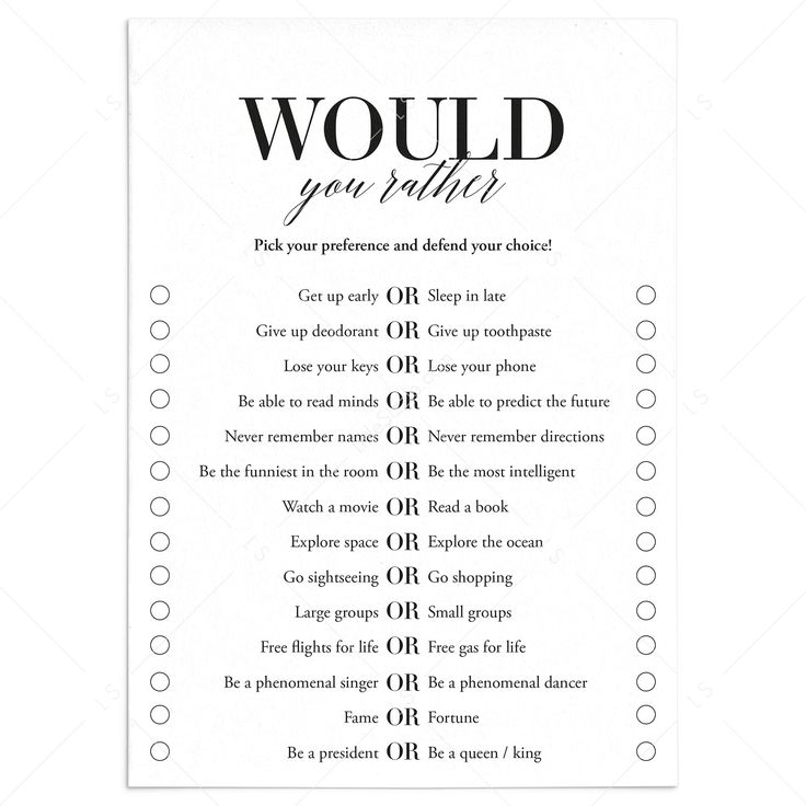 Would You Rather Icebreaker Game Printable by LittleSizzle You Can Only Pick 3 Game, Would You Rather Games For Adults, Would You Rather Wedding Edition, This Or That Questions For Adults, Would You Rather Questions For Women, Get To Know You Party Games, Silly Would You Rather Questions, Which Would You Choose, This Or That Funny Questions