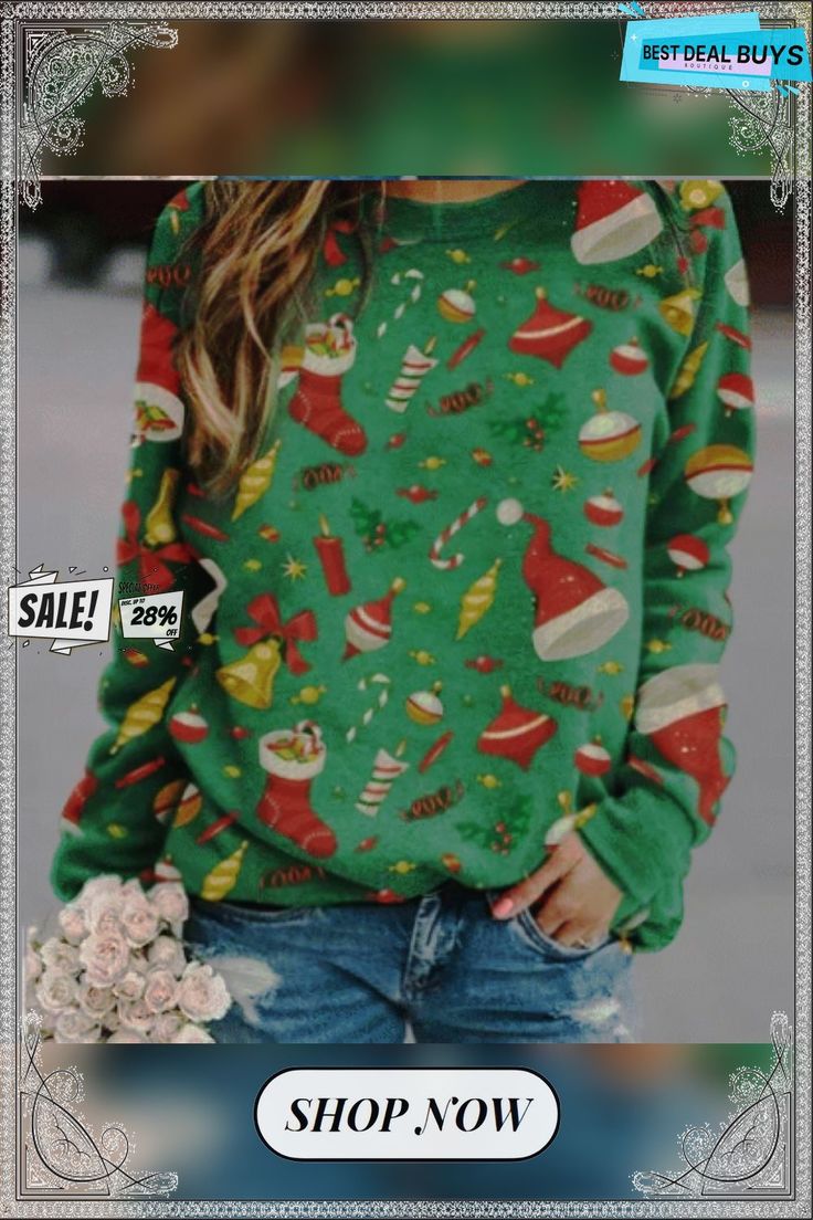 Christmas Print Fleece Sweatshirt Cozy Fit Long Sleeve Graphic Print Tops, Casual Green Christmas Sweatshirt, Green Casual Christmas Sweater, Green Winter T-shirt, Green Graphic Print Sweatshirt For Winter, Casual Green T-shirt For Winter, Green Letter Print Tops For Winter, Green Long Sleeve Sweater With Graphic Print, Green Long Sleeve Top With Letter Print