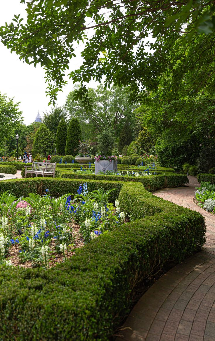 the garden is full of beautiful flowers and greenery, with a bench in the center