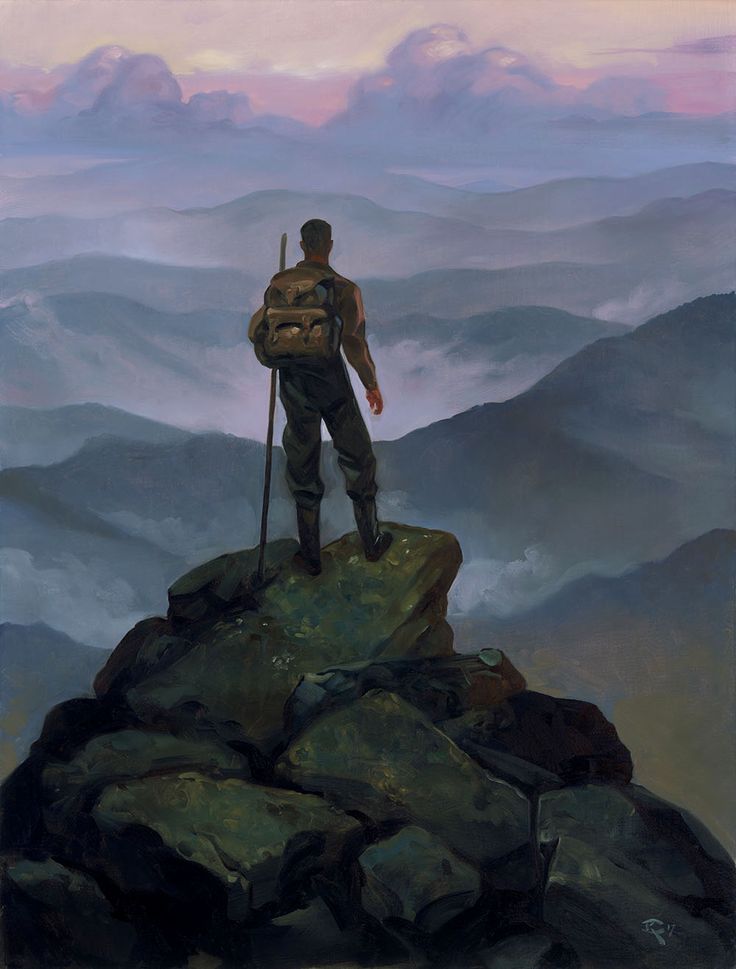 a painting of a man with a backpack standing on top of a mountain looking down at the valley below