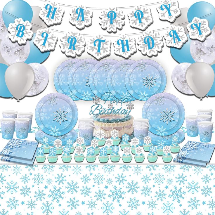 a birthday party set up with blue and white decorations